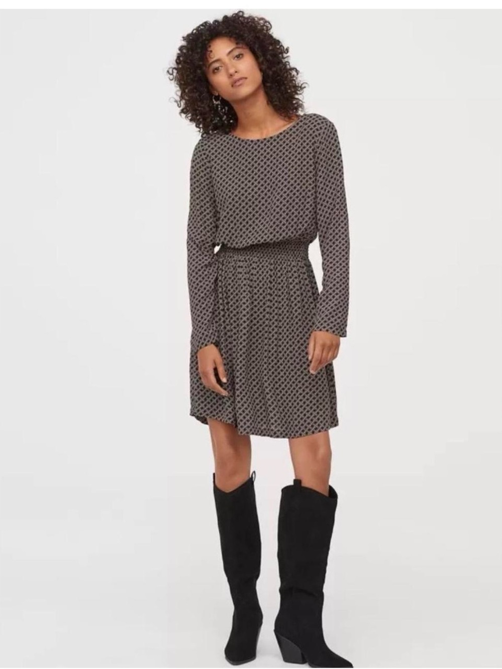 H&M Patterned Long-Sleeve Waist-Defined Dress